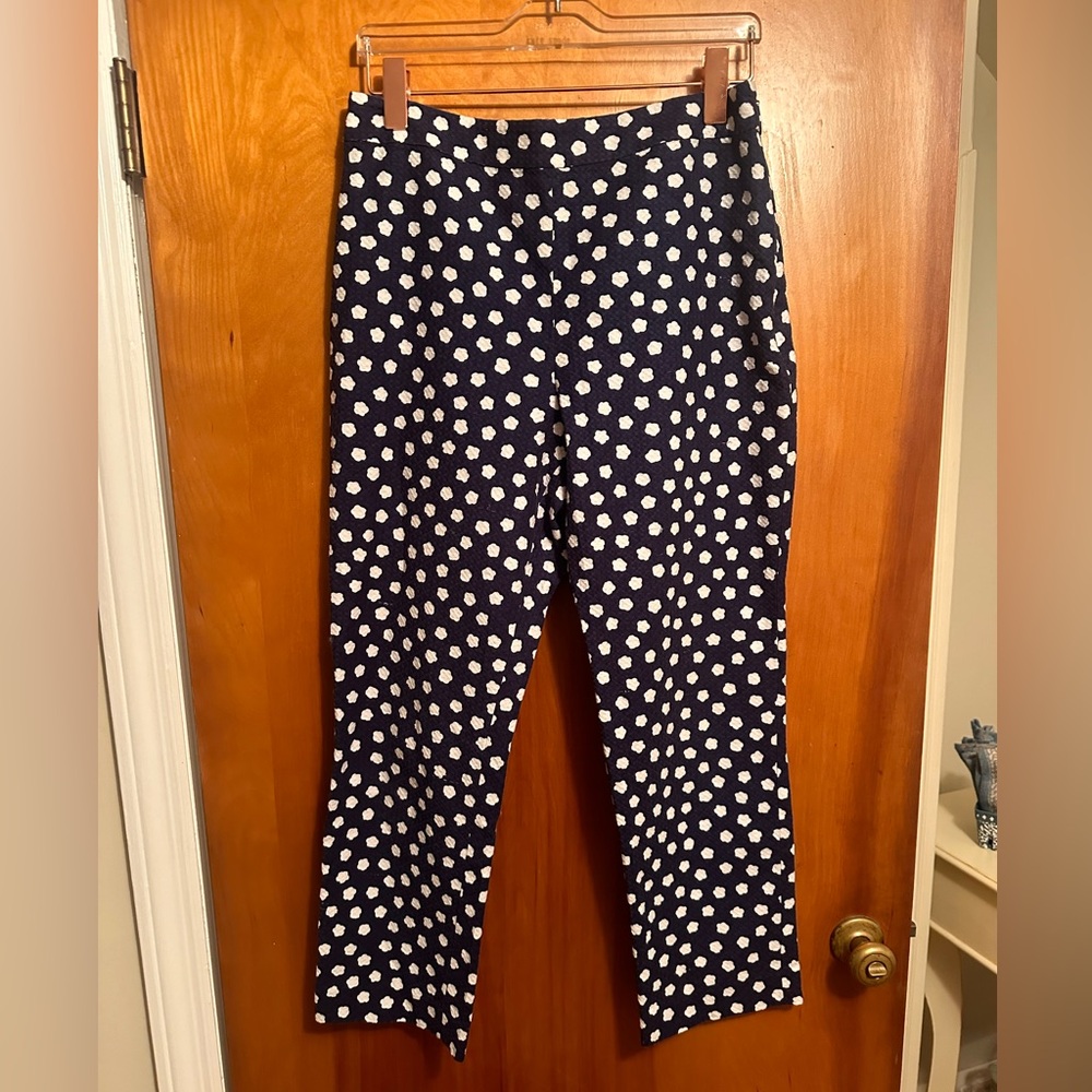 kate spade New York cropped blue white textured cloud dot jacquard pant, size 10